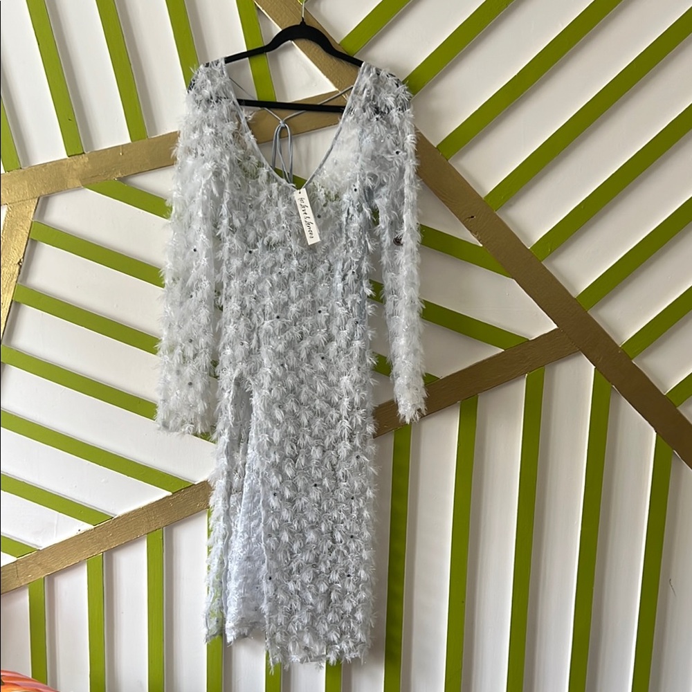 For Love And Lemons Silver Feathered Long Sleeve Dress